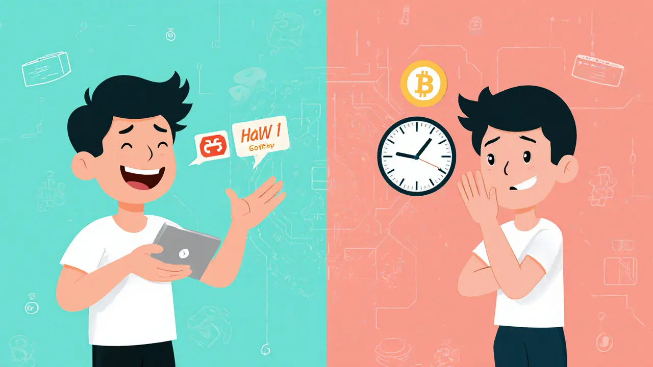 Split scene showing fast IDR deposit and slow Bitcoin withdrawal.