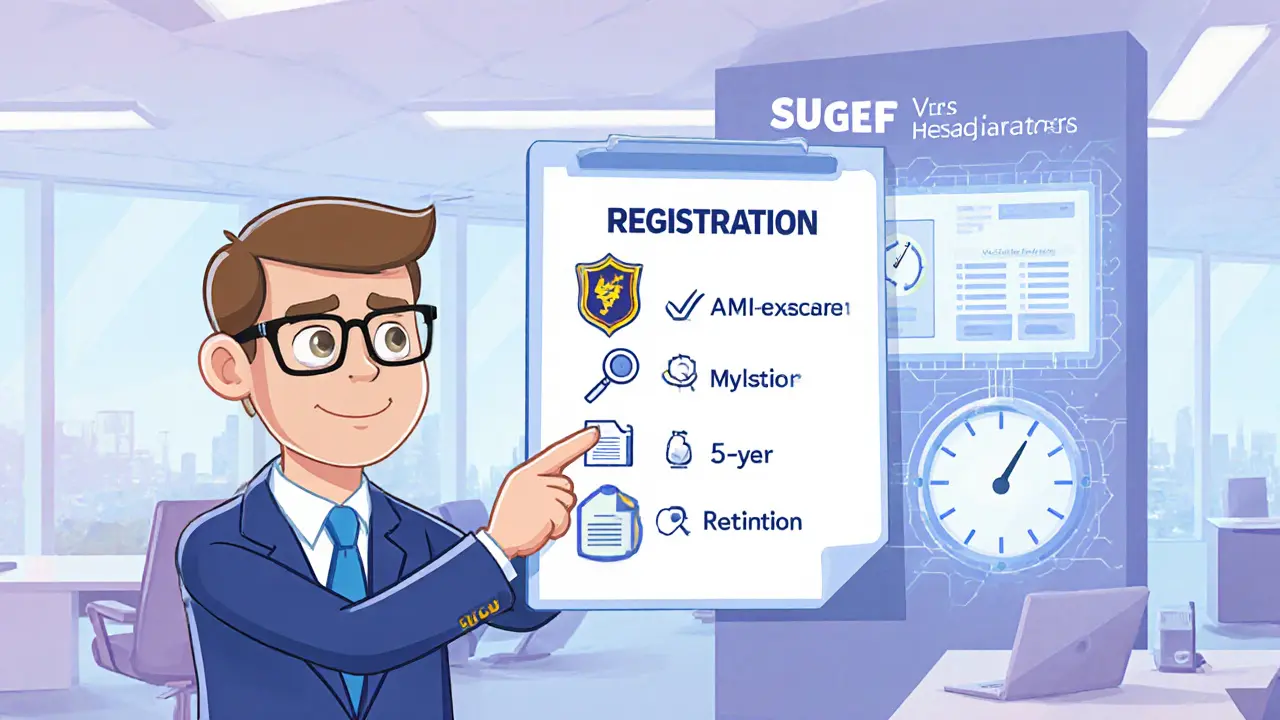 SUGEF office scene with a regulator showing a VASP compliance checklist and AML/KYC icons.
