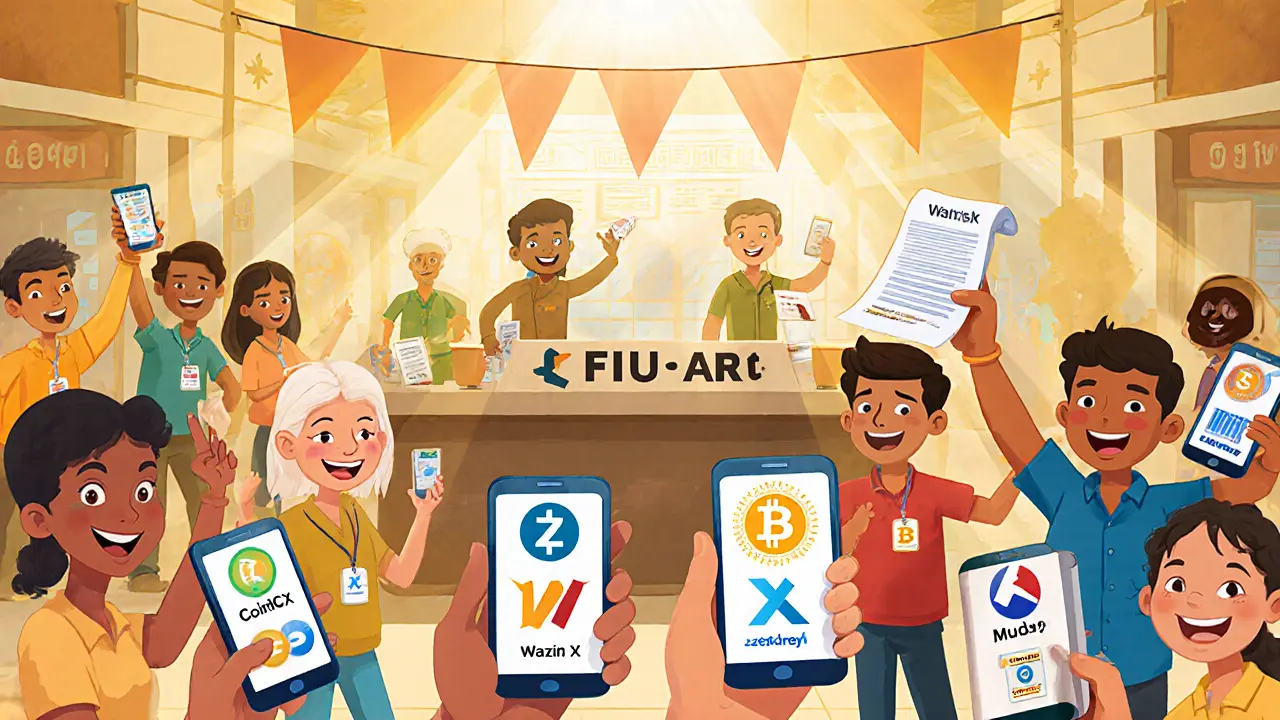 Traders happily using FIU‑registered Indian crypto apps in a bright market.