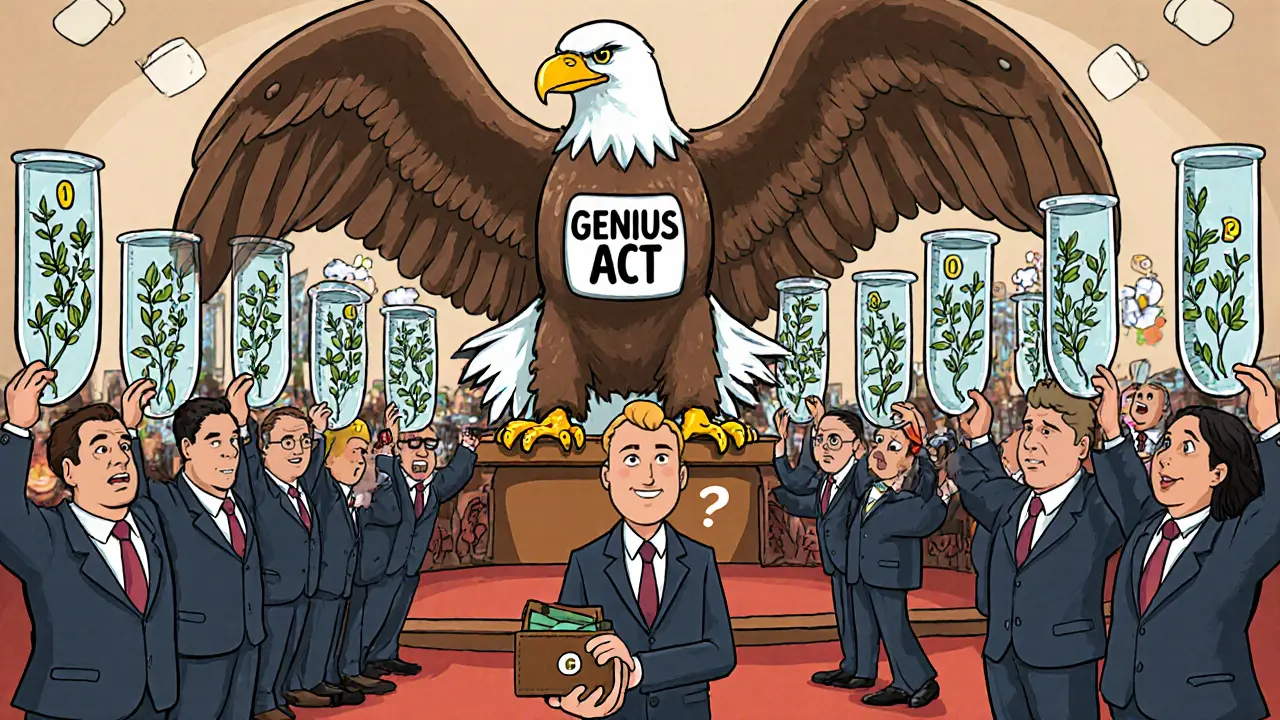 22 states suing federal eagle in courtroom while sandbox states grow startups in test tubes, confused user in center.