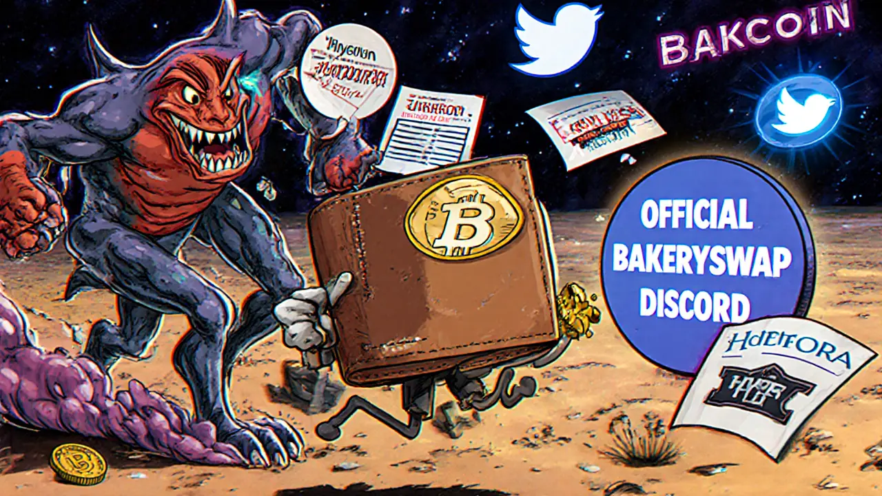 A brave wallet escaping a BAKECOIN monster toward the official BakerySwap Discord.