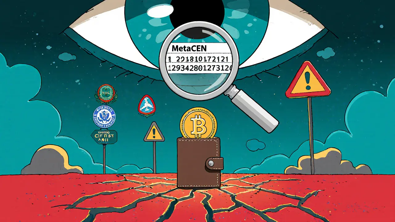 A user sends crypto while a giant FinCEN eye tracks the transaction with a magnifying glass over blockchain data.