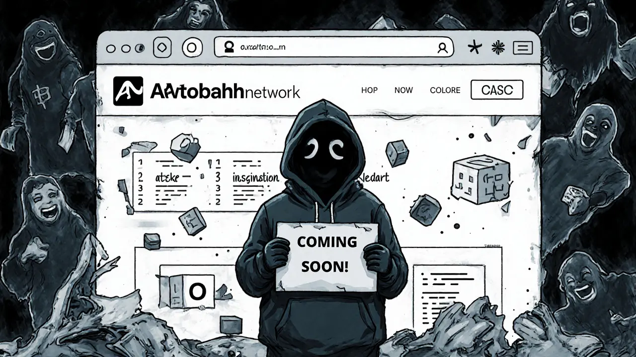 An anonymous figure stands before a crumbling website with floating &#039;0&#039; trading volume and empty code blocks.