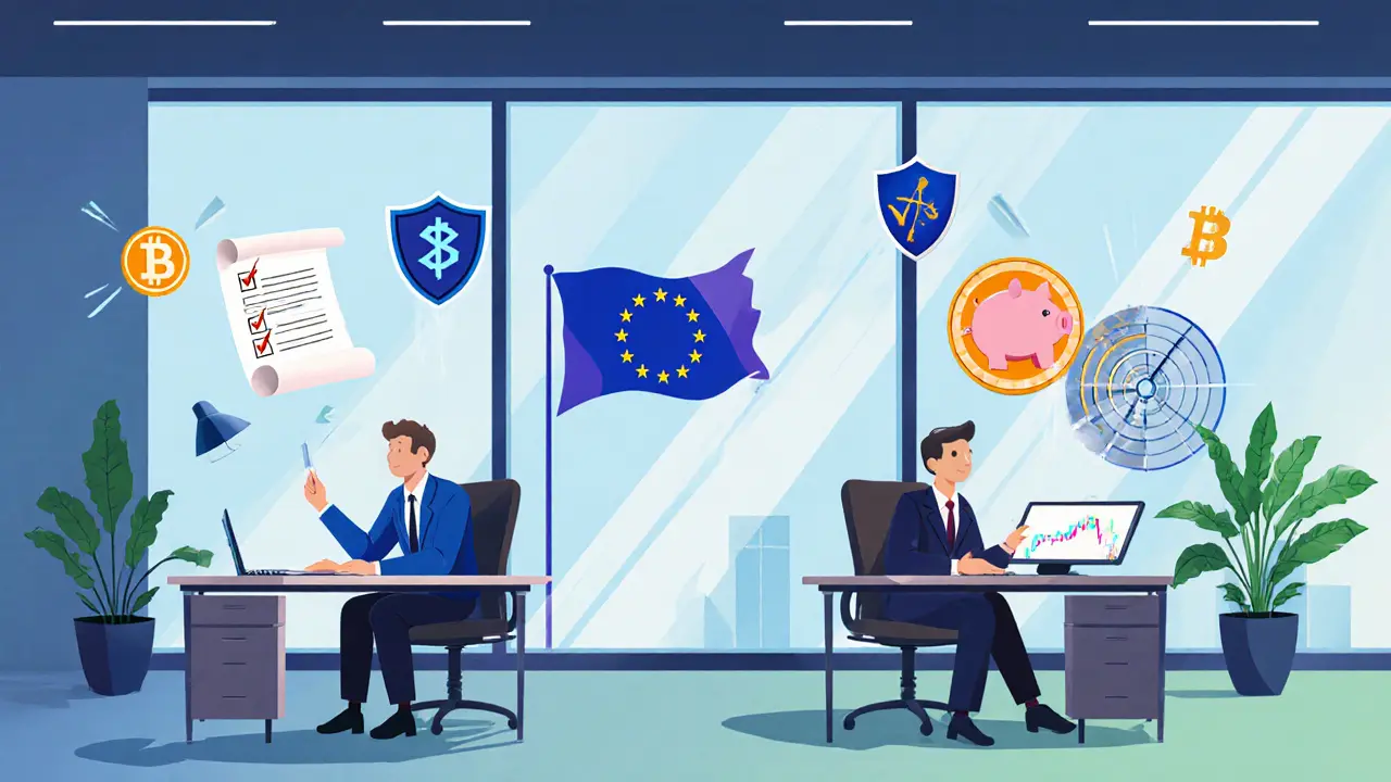 Animated office with team members and floating icons for crypto compliance duties.