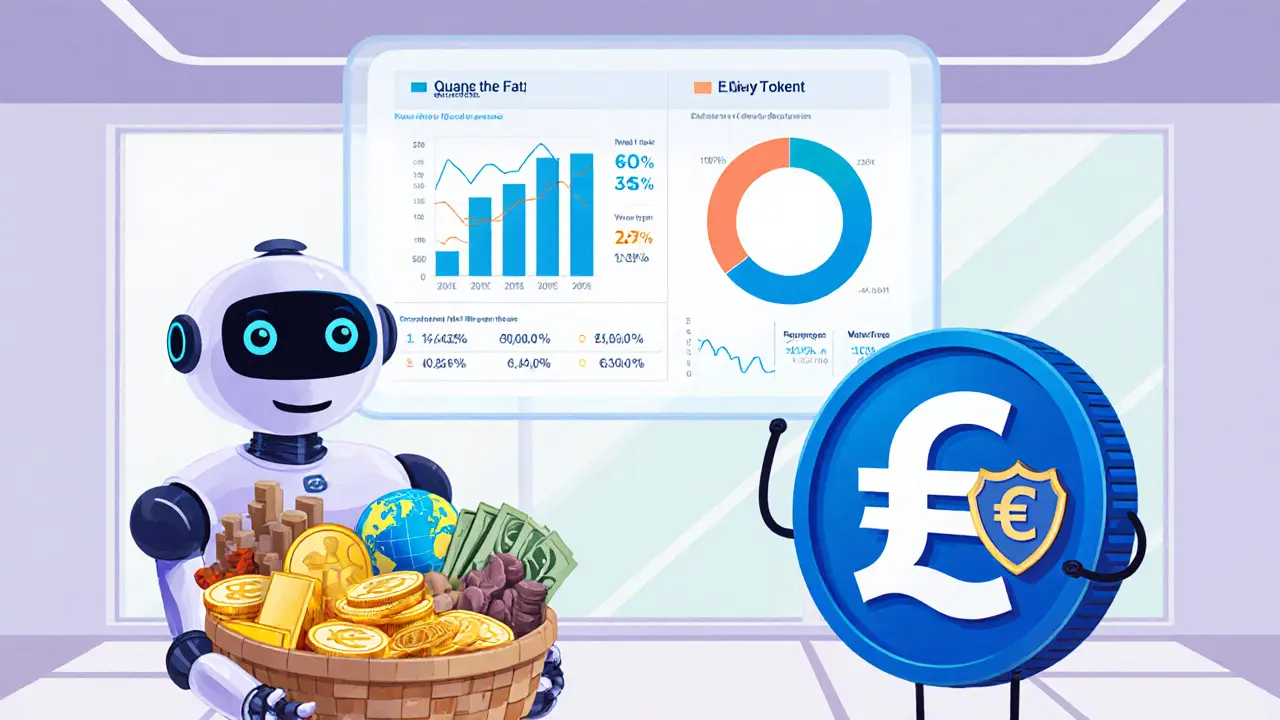 ART robot with varied assets beside EMT coin with fiat bills and a compliance dashboard.