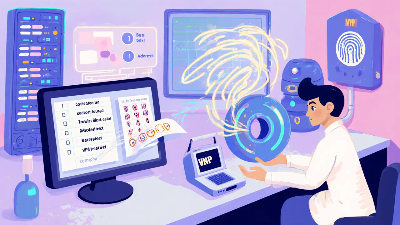 Cartoon control room showing IP checks, VPN blacklist, and fingerprint scanner.
