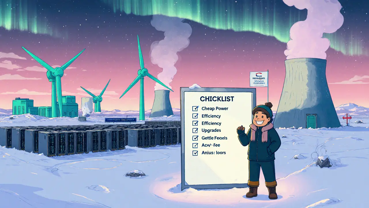 Cartoon miner in icy renewableâenergy farm with turbines, hydro plants, and a checklist board.