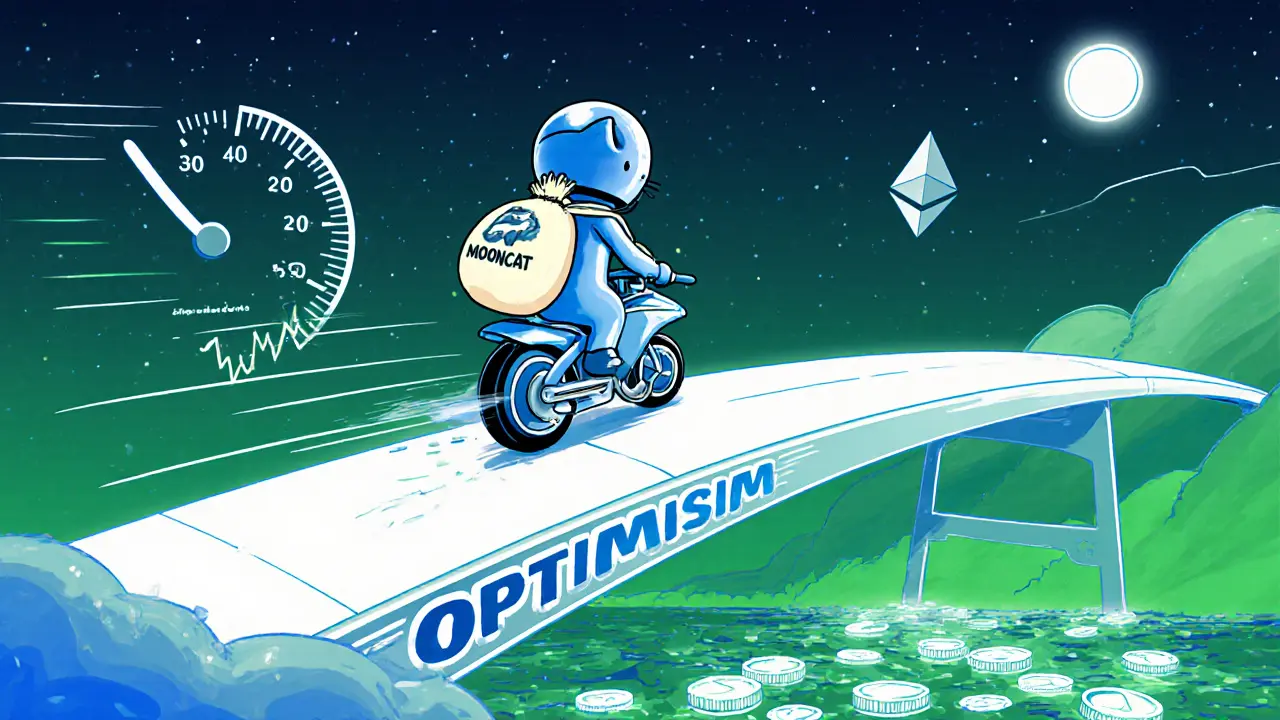 Cartoon Mooncat riding a rocketâbike across an Optimism bridge with low gas fees.