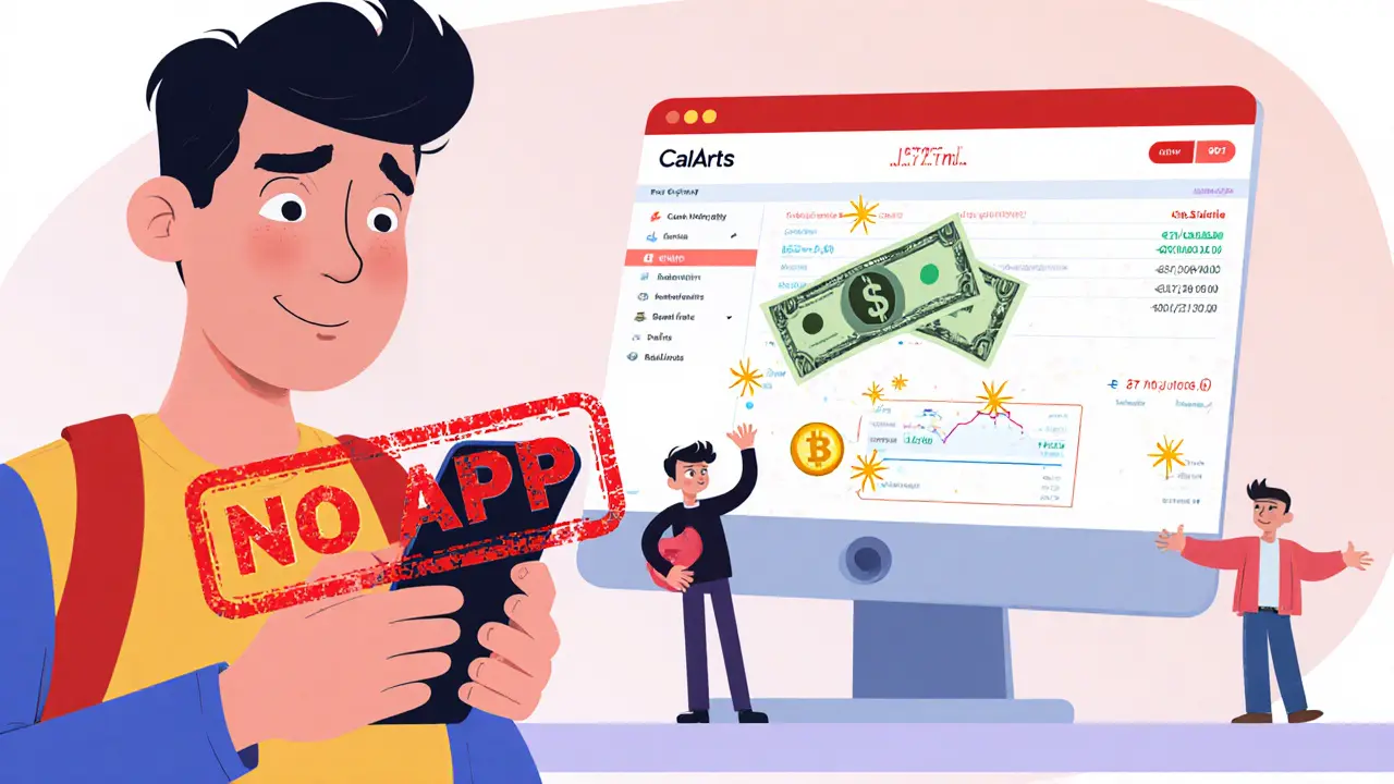 Cartoon trader frustrated with no mobile app while a desktop executes a lightning-fast crypto swap on LFJ v0.