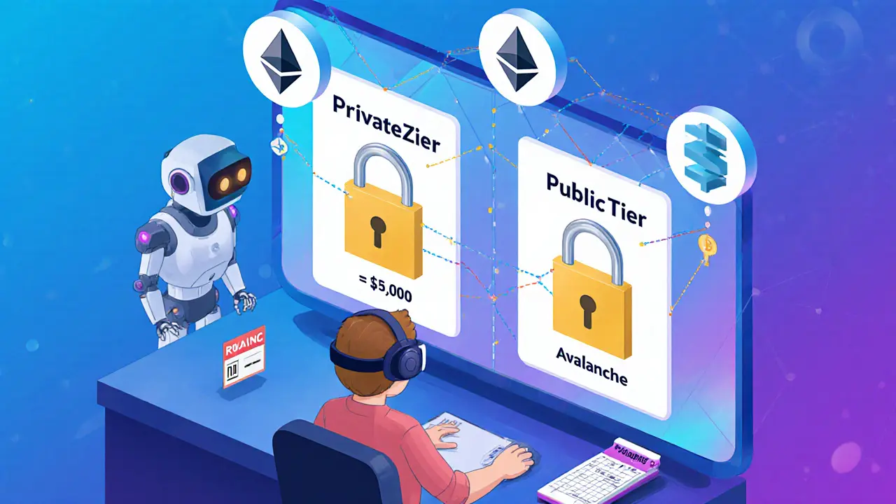 Cartoon user at a desk with split screen showing private and public investment tiers, LayerZero chain links, and a KYC robot.
