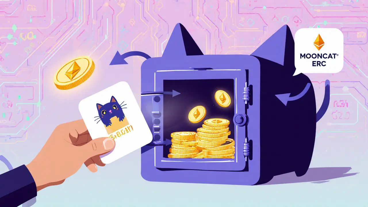 Cartoon vault where a Mooncat NFT is deposited and MOONCAT tokens are minted.