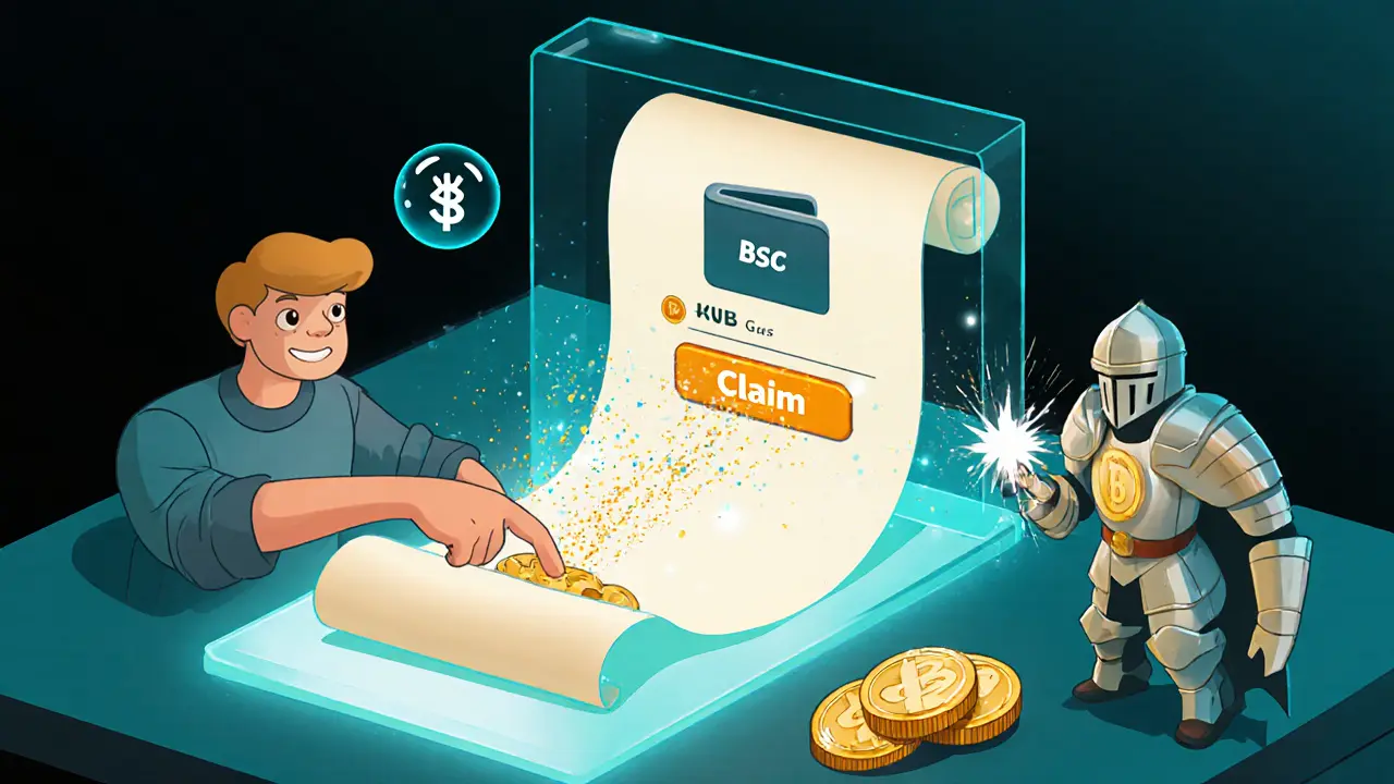 Character claiming KWS tokens via a holographic smart contract, BNB gas bubble, and NFT bonus sparkle.