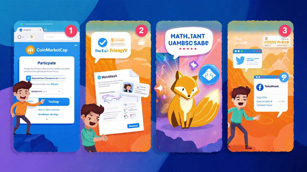 Comic‑style panels show steps to claim the HashLand NFT: participation, KYC, wallet linking, social tasks.
