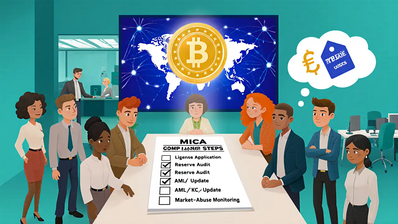 Crypto exchange team reviewing a MiCA checklist with an EU passport stamp above.