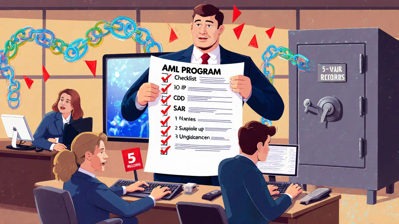 Crypto office staff scramble as a compliance officer checks an AML program checklist with red flags on screen.