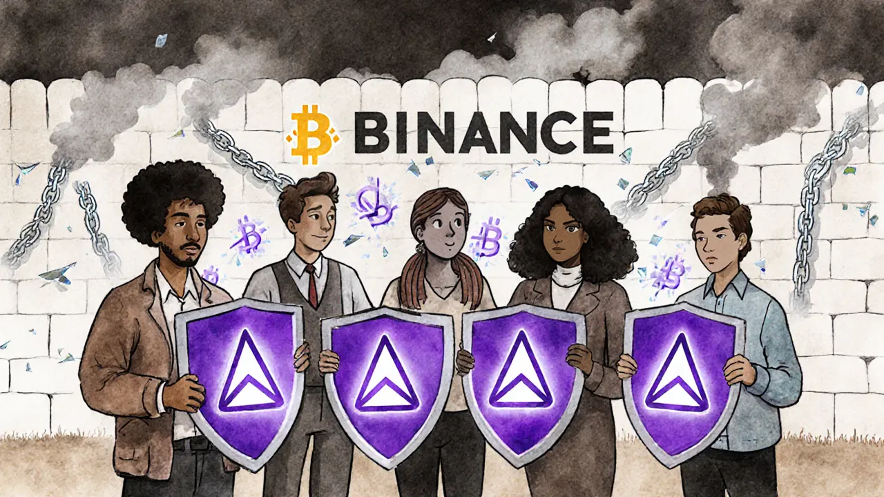 Diverse people using Monero shields to block surveillance, with breaking Bitcoin chains behind them.