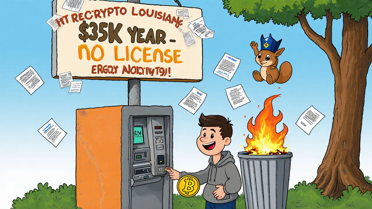 Friendly Louisiana crypto ATM operator handing Bitcoin to a customer, with compliance documents burning in trash.
