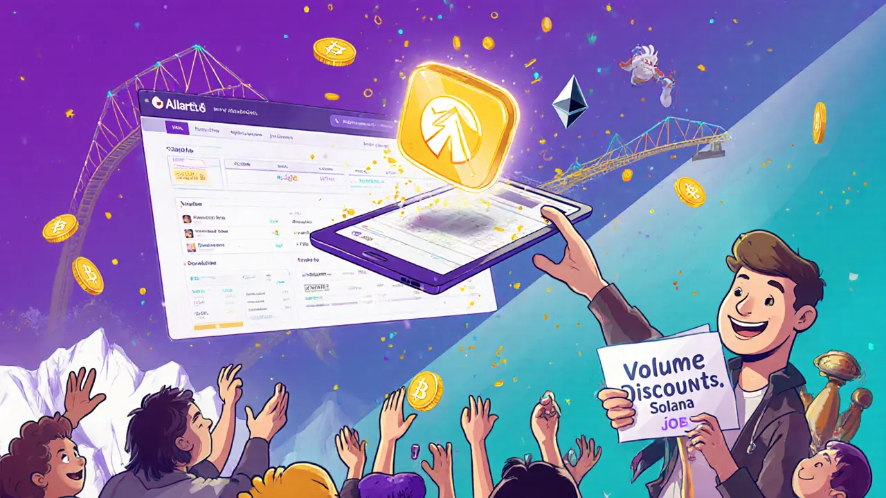 Futuristic LFJ v2.1 launch scene with mobile app, cross-chain bridges, and cheering traders in vibrant CalArts style.