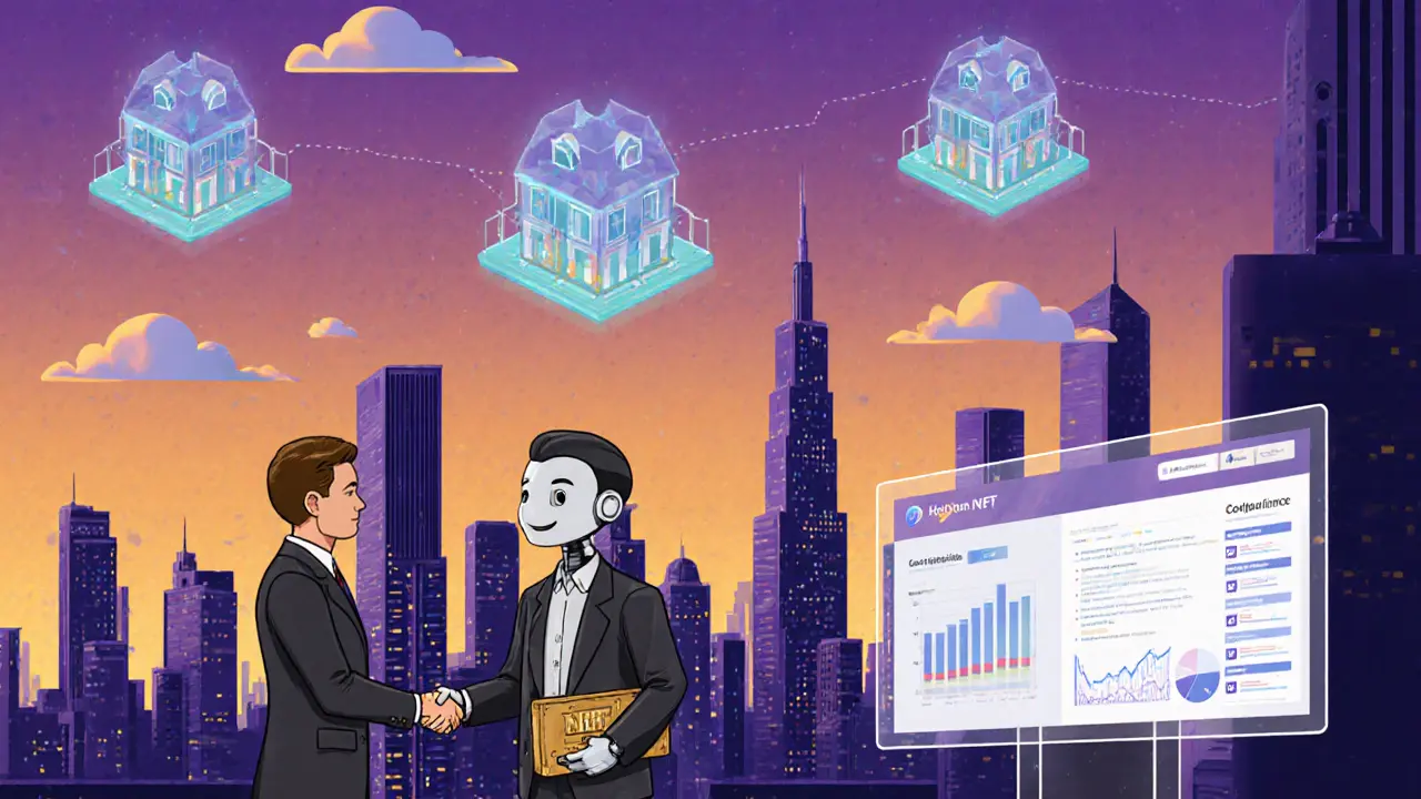 Futuristic skyline with floating NFTs and a realtor shaking hands with a robot.