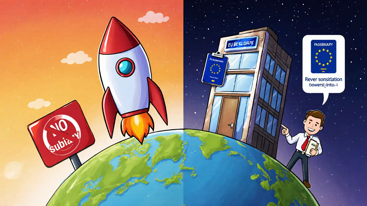 Globe split showing non‑EU exchange blocked, then opening an EU subsidiary for compliance.
