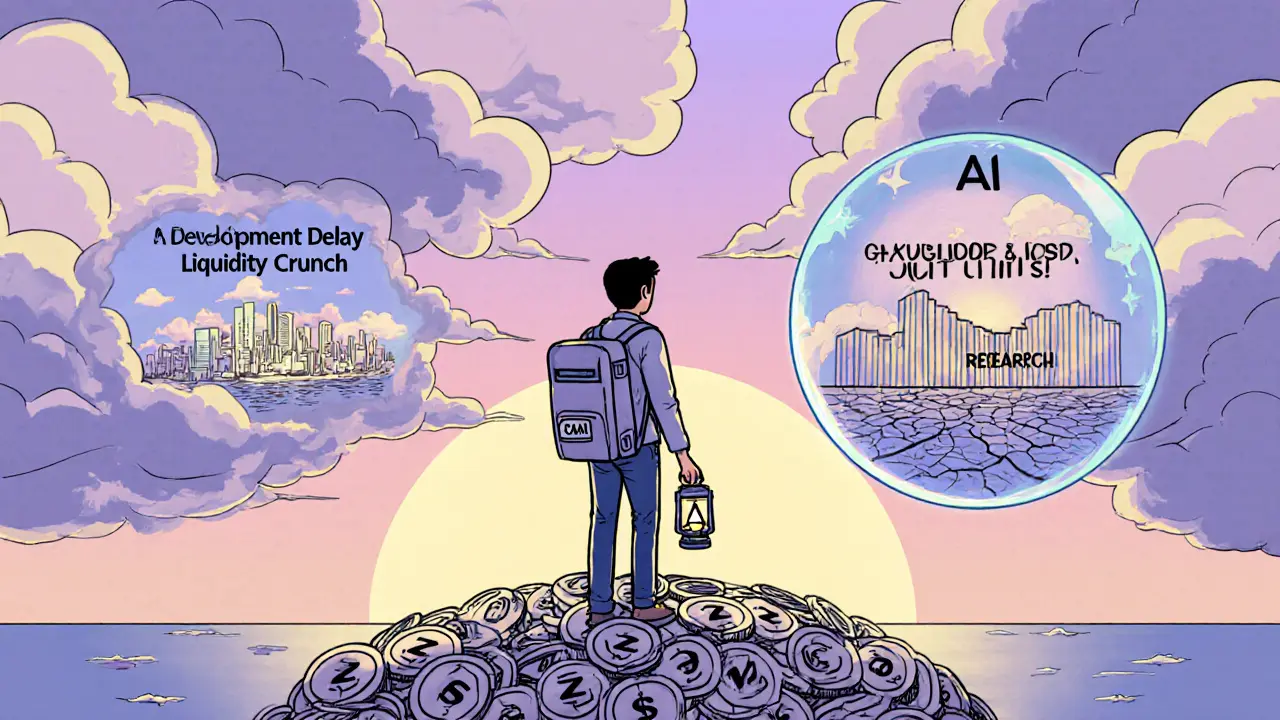 Investor on token island facing storm clouds of delay and regulatory wall, looking at crystal ball.