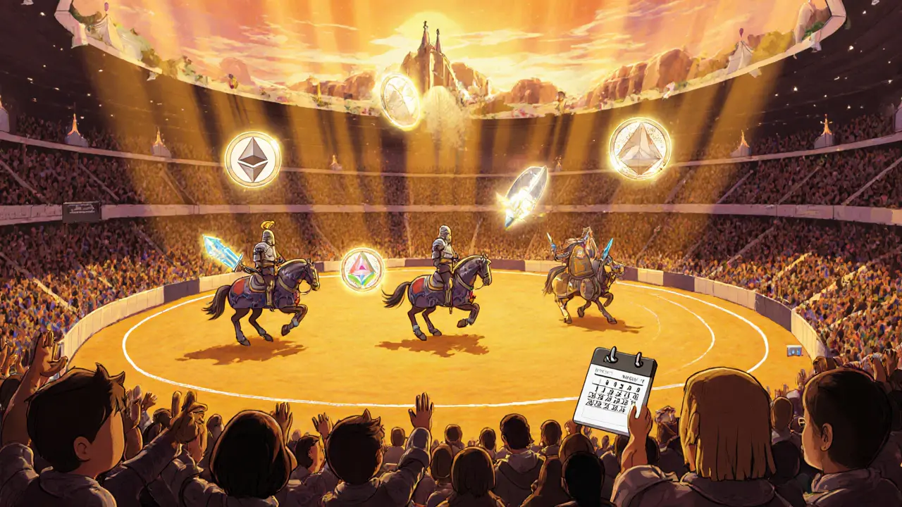 Knight tournament arena with glowing KWS-powered weapons, bridge icons, and cheering cartoon avatars.