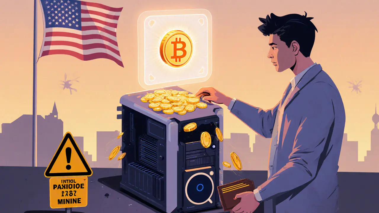 Protagonist stakes the Synthetic NFT on a mining rig, showing revenue flow and a phishing warning.