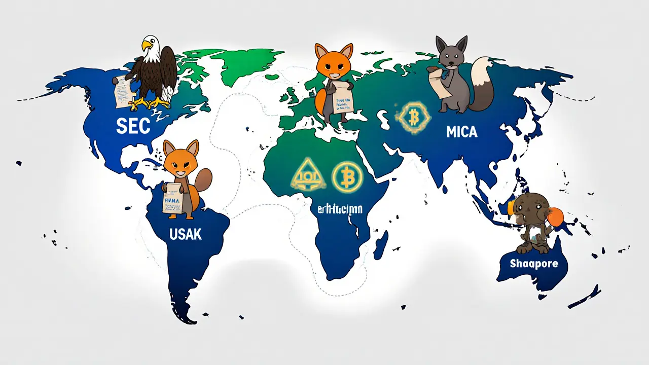 Puzzle‑piece world map with cartoon regulators holding legal scrolls and NFT icons.