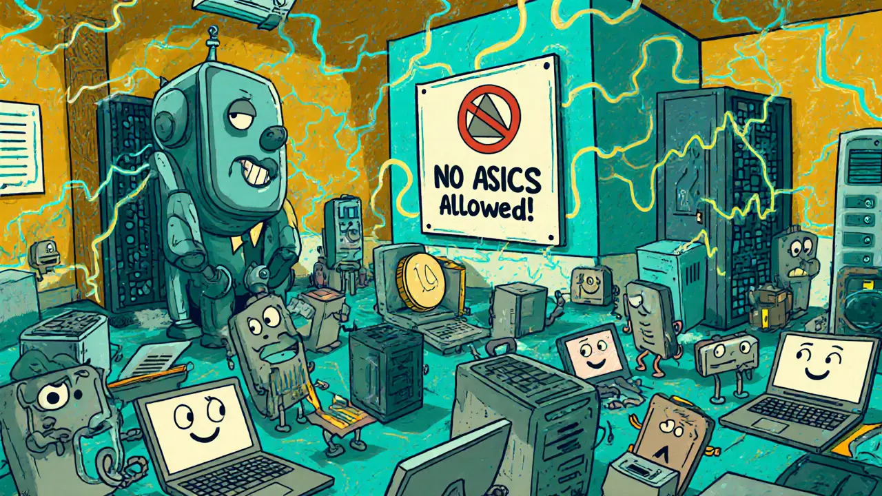 Quirky laptops and phones mining Monero while a sad ASIC robot is locked outside.