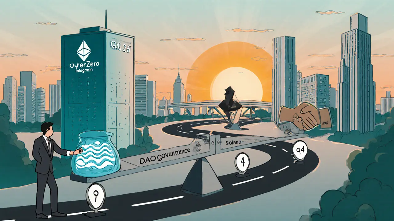 Roadmap cityscape with DAO, cross‑chain bridge, and real‑estate milestones, investor on a seesaw balancing liquidity and regulation.