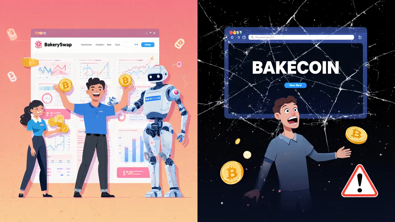 Split scene: real BAKE staking on left, fake BAKECOIN scam on right in cartoon style.