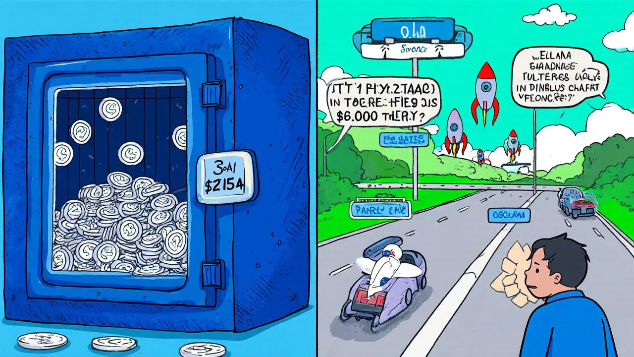 Split scene showing ZENAI coin vault, price tag, and Solana highway with fast rockets.