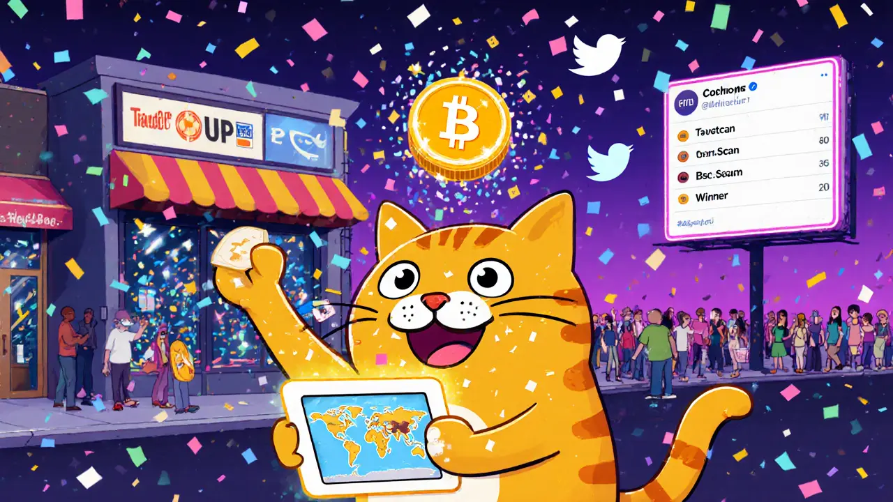 TacoCat celebrating with falling token confetti in front of a retail store, holding claim tablet and blockchain icons.