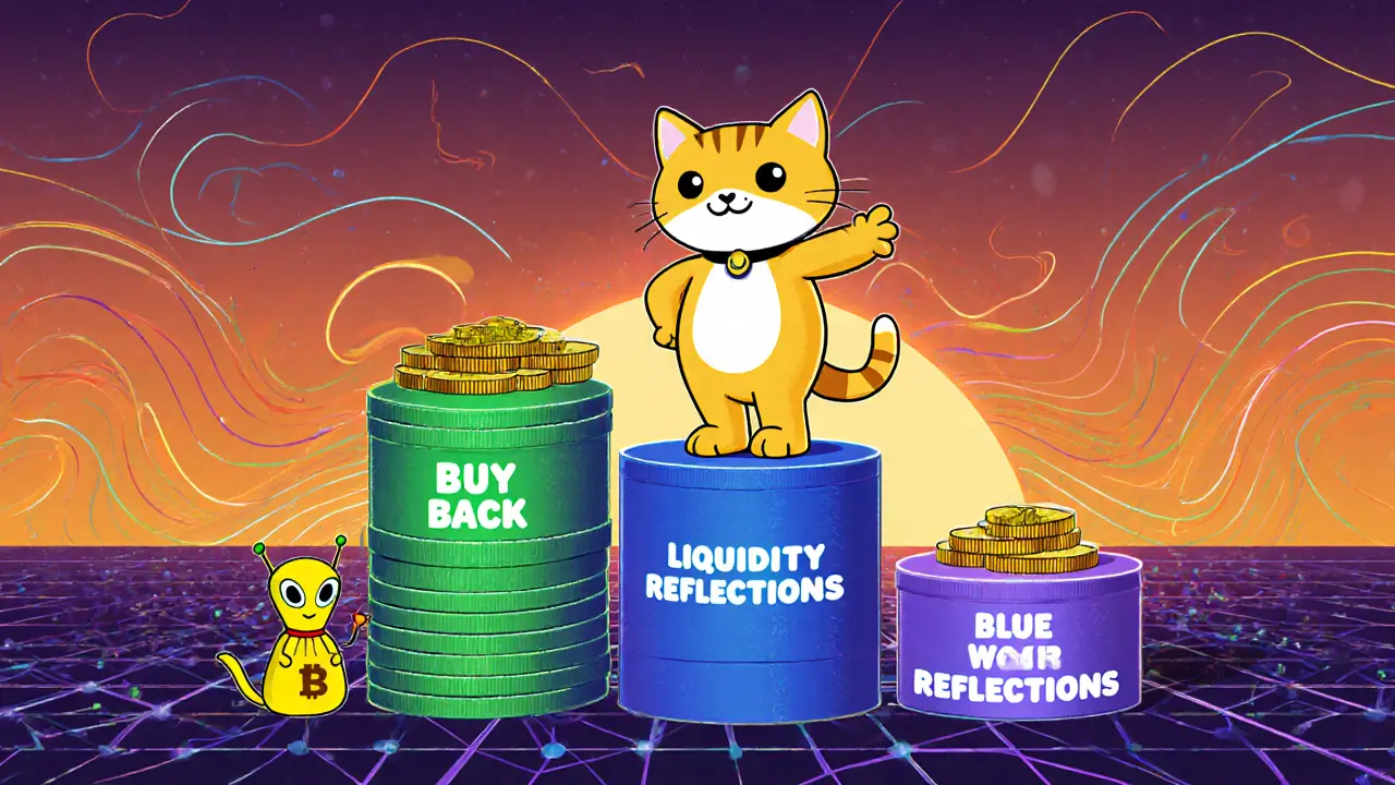 TacoCat mascot on tokenomics podium with green, blue, gold pillars, alongside a yellow Jupiter mascot holding token bag.