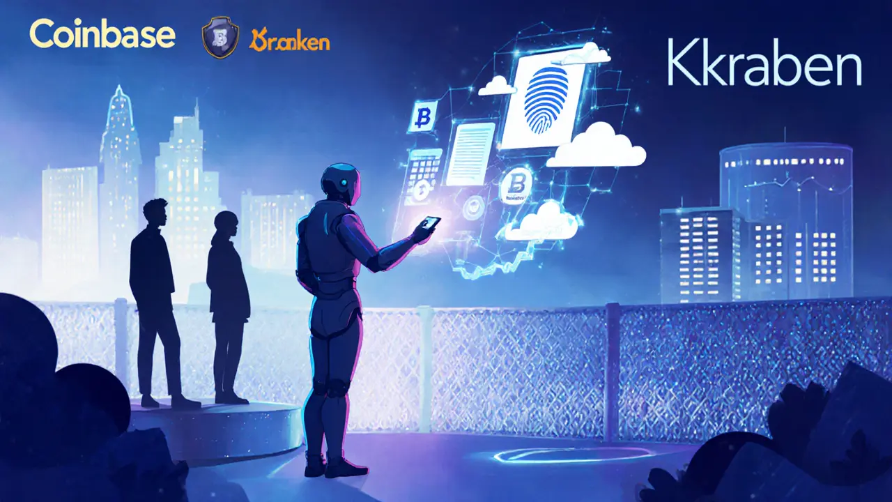 Trader using device monitored by AI robot with holographic security visuals.