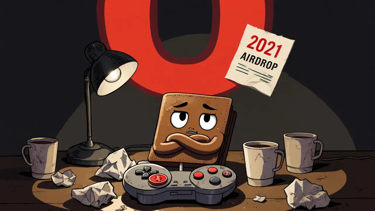 A cartoon wallet sits defeated beside a dusty game controller with a &#039;0&#039; floating above.