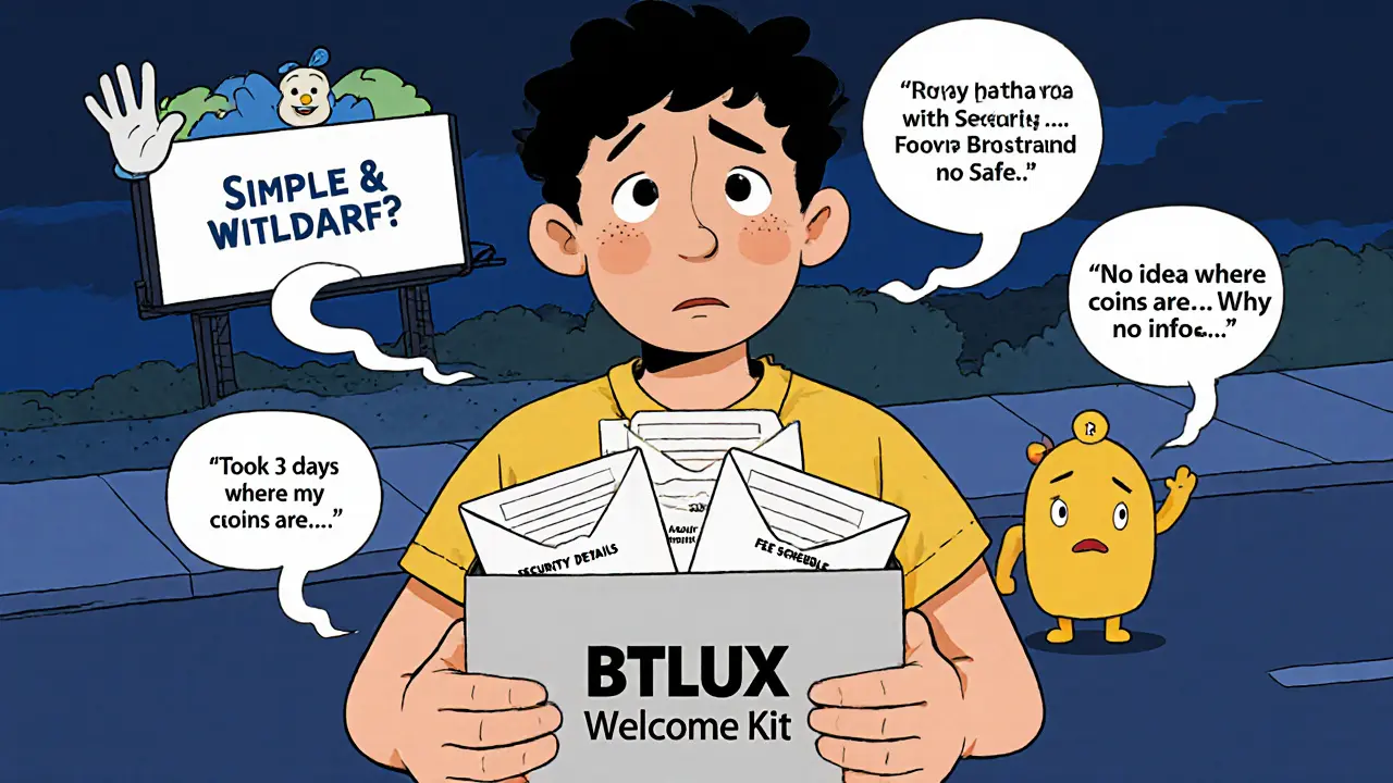 A confused person holding an empty welcome kit from a crypto exchange, while cheerful marketing posters contrast with whispered user concerns.