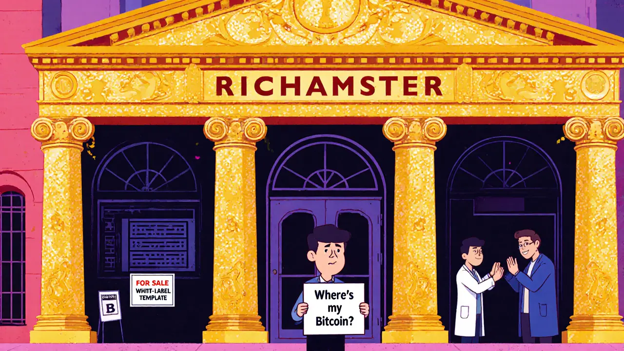 A confused trader stands before a locked RicHamster building with a &#039;For Sale&#039; sign, while developers celebrate inside.