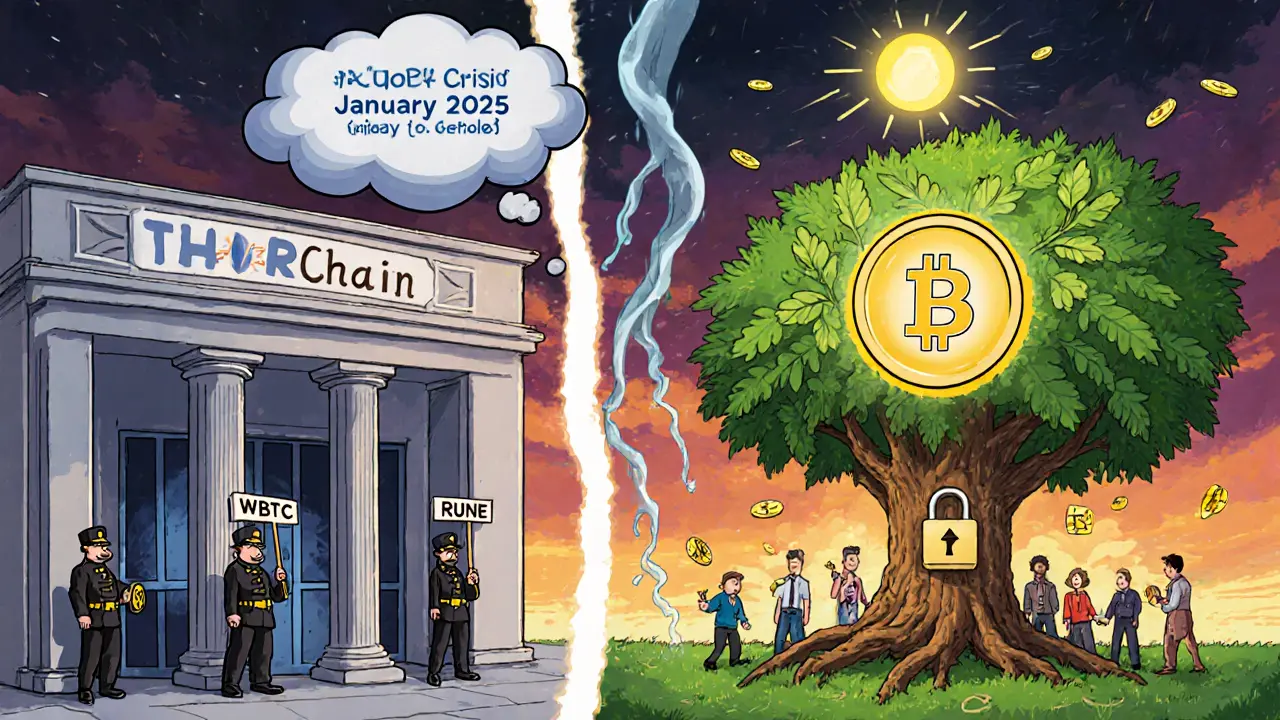 A contrast between a corporate custodial exchange and a decentralized THORChain tree with RUNE leaves and TCY sun shining above.