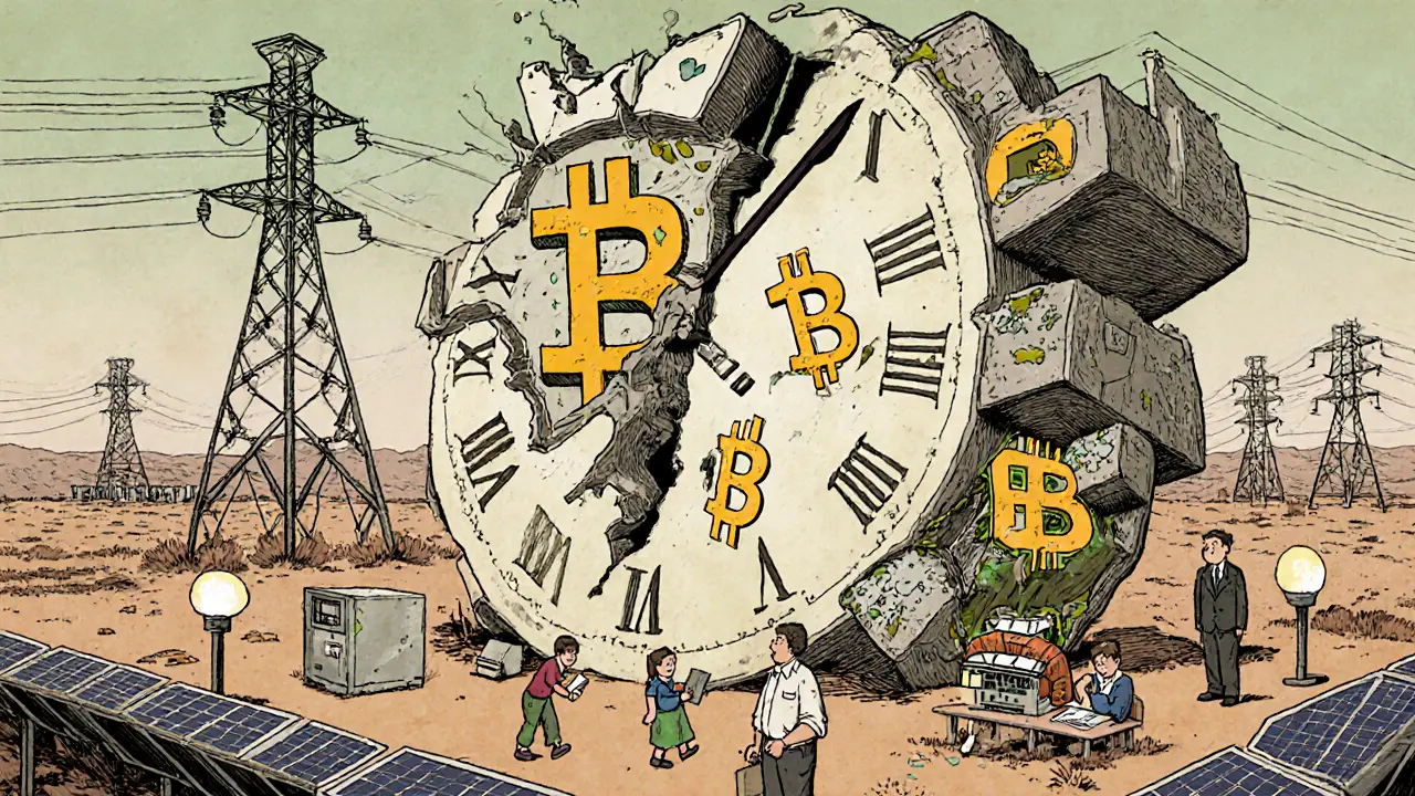 A crumbling power grid siphoned by Bitcoin machines, while families struggle without electricity.