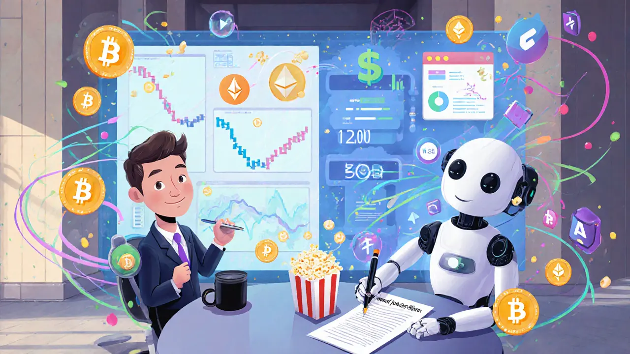 A holographic AML dashboard showing crypto and bank flows, with an officer and AI robot generating a report.