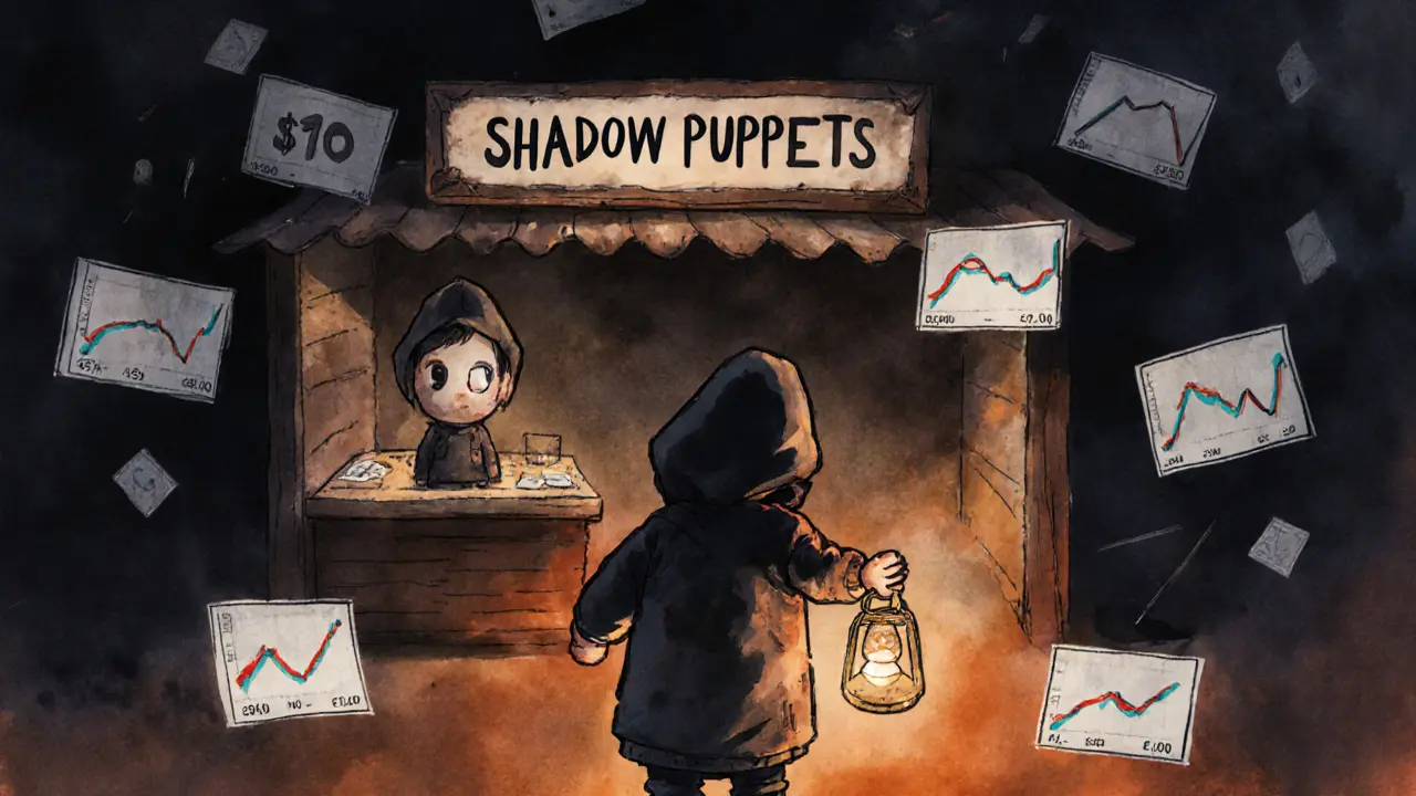 A lone figure holding a SHDW token in front of an empty NFT marketplace stall.