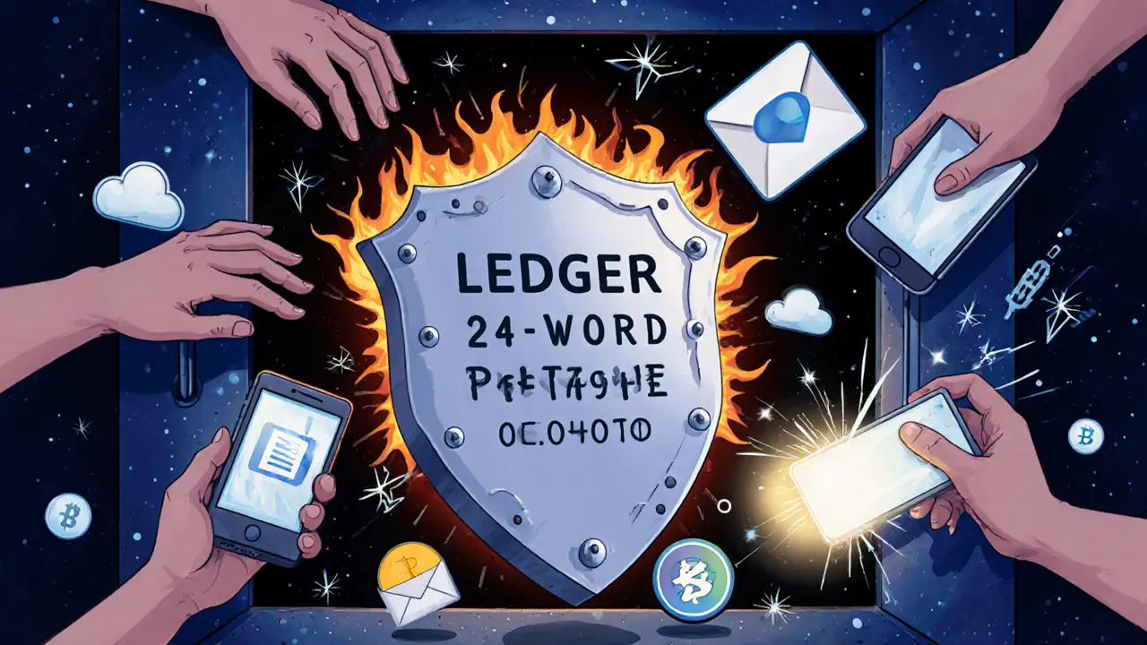 A metal seed phrase plate protected in a vault, shielding against digital threats like clouds and emails.