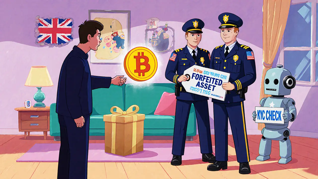 A person receiving stolen Bitcoin as police appear with a freeze tag, surrounded by NFT art.