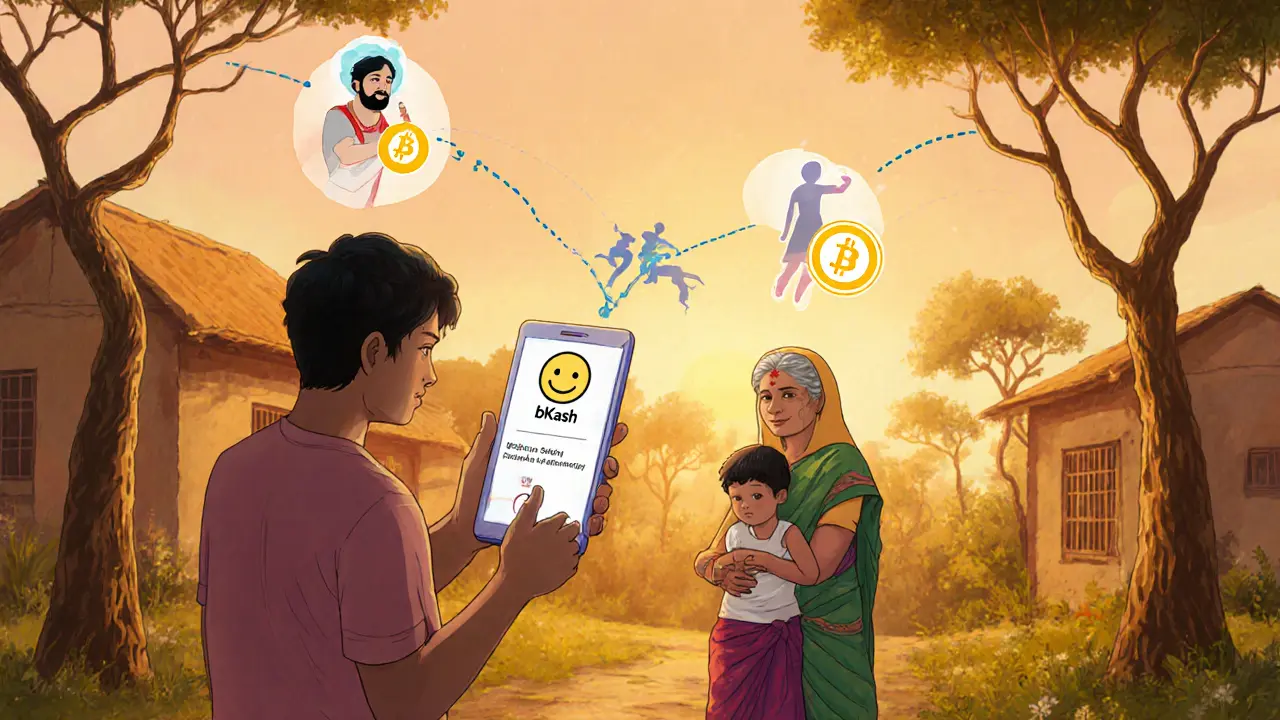A rural Bangladeshi family receives money via bKash, connected by a chain of figures stretching overseas in a warm sunset-lit illustration.