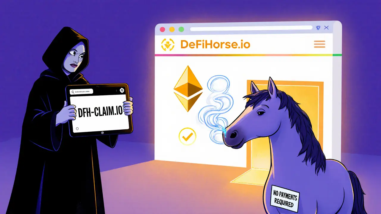A scammer lures a wallet into a trap while an official DeFiHorse site glows safely nearby.