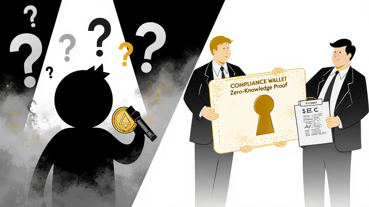 A shadowy figure erasing Monero transactions vs. a glowing compliance wallet emitting golden light.