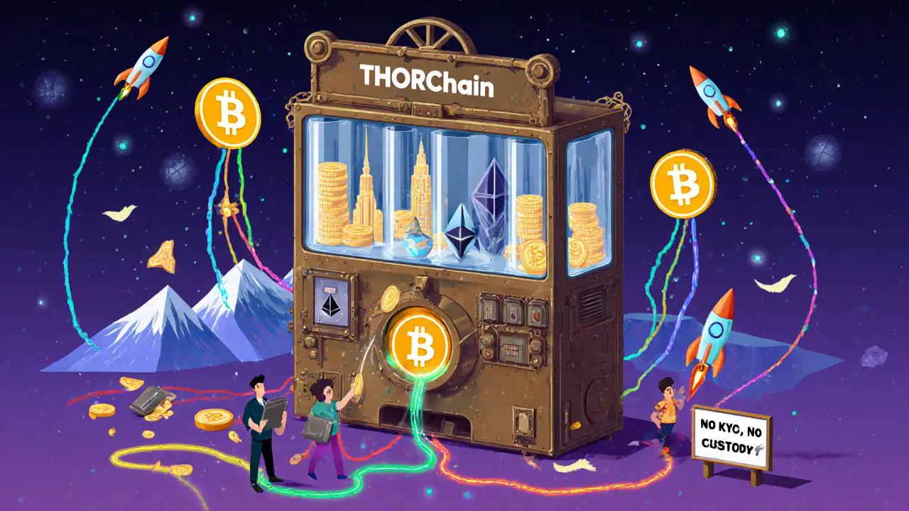 A steampunk-style THORChain swap machine with coins traveling through tubes into a RUNE core, surrounded by blockchain icons.
