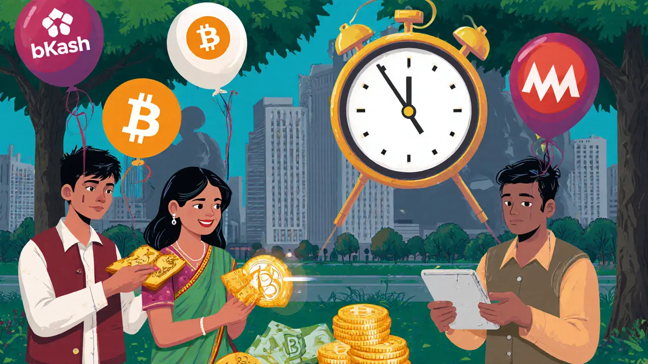 A street transaction in Dhaka where cash is exchanged for USDT via phone, with VPN and bKash icons floating nearby in a vibrant cartoon scene.