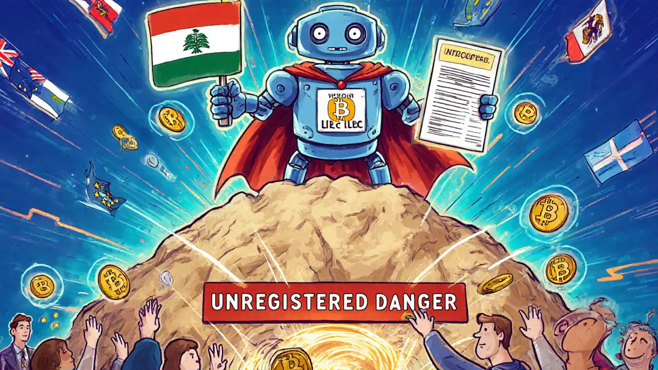 A superhero DAO with Vermont and Malta symbols protecting users from a legal vortex.
